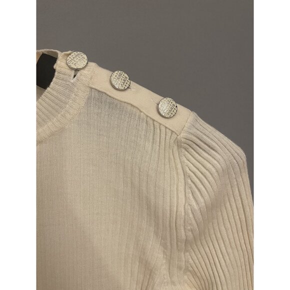 Chanel Cream Ribbed Knit Sweater With Button Shoulder Detail & Textured Design - Picture 6 of 15